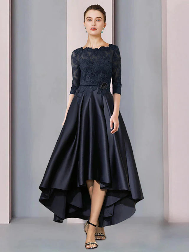 A-Line Mother of the Bride Dress Wedding Guest Elegant High Low Scoop Neck Asymmetrical Tea Length Satin Lace 3/4 Length Sleeve with Pleats Appliques Flower