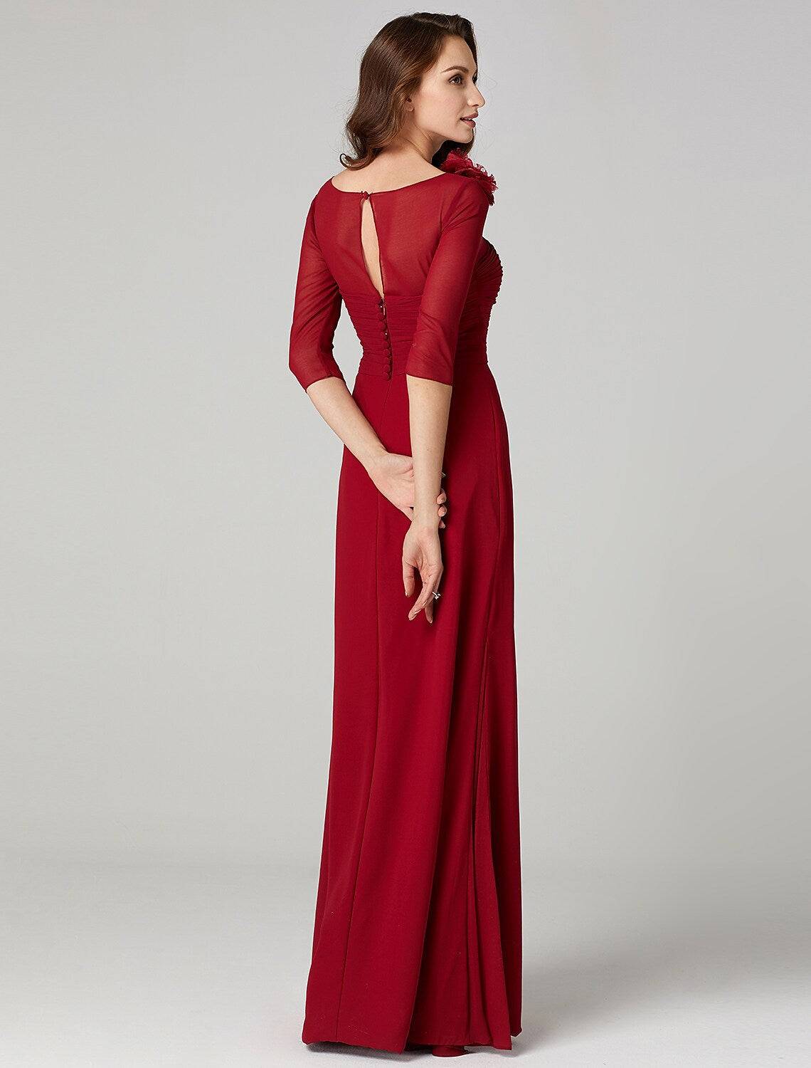 Evening Dress Floor Length Length Sleeve Neck Charmeuse with Ruched Flower
