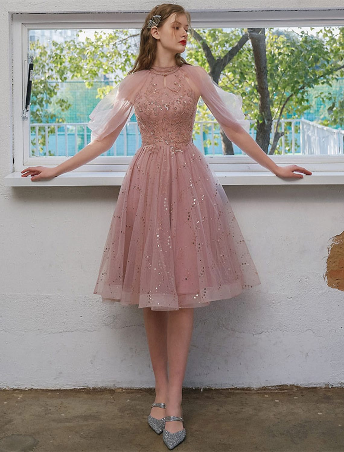 A-Line Cocktail Dresses Party Dress Engagement Knee Length Length Sleeve with Sequin Appliques