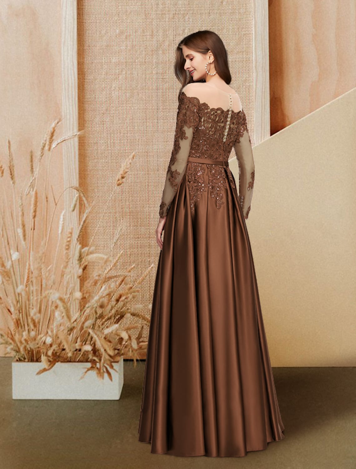 A-Line Evening Gown Glittering Dress Engagement Floor Length Long Sleeve Off Shoulder Satin Sequin Lace