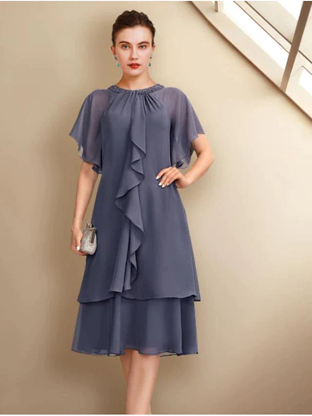 A-Line Mother of the Bride Dress Plus Size Elegant Jewel Neck Knee Length Chiffon Short Sleeve with Beading Ruffles