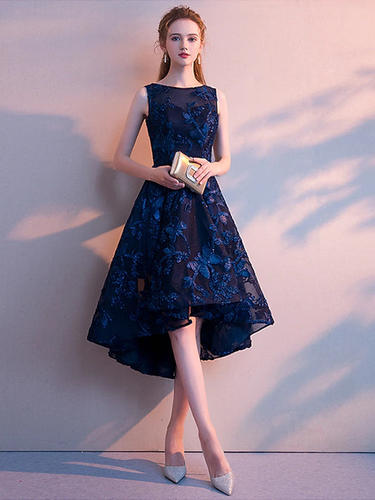 A-Line Cocktail Dresses Minimalist Dress Party Wear Asymmetrical Sleeveless Jewel Neck Tulle with Pleats Pattern / Print
