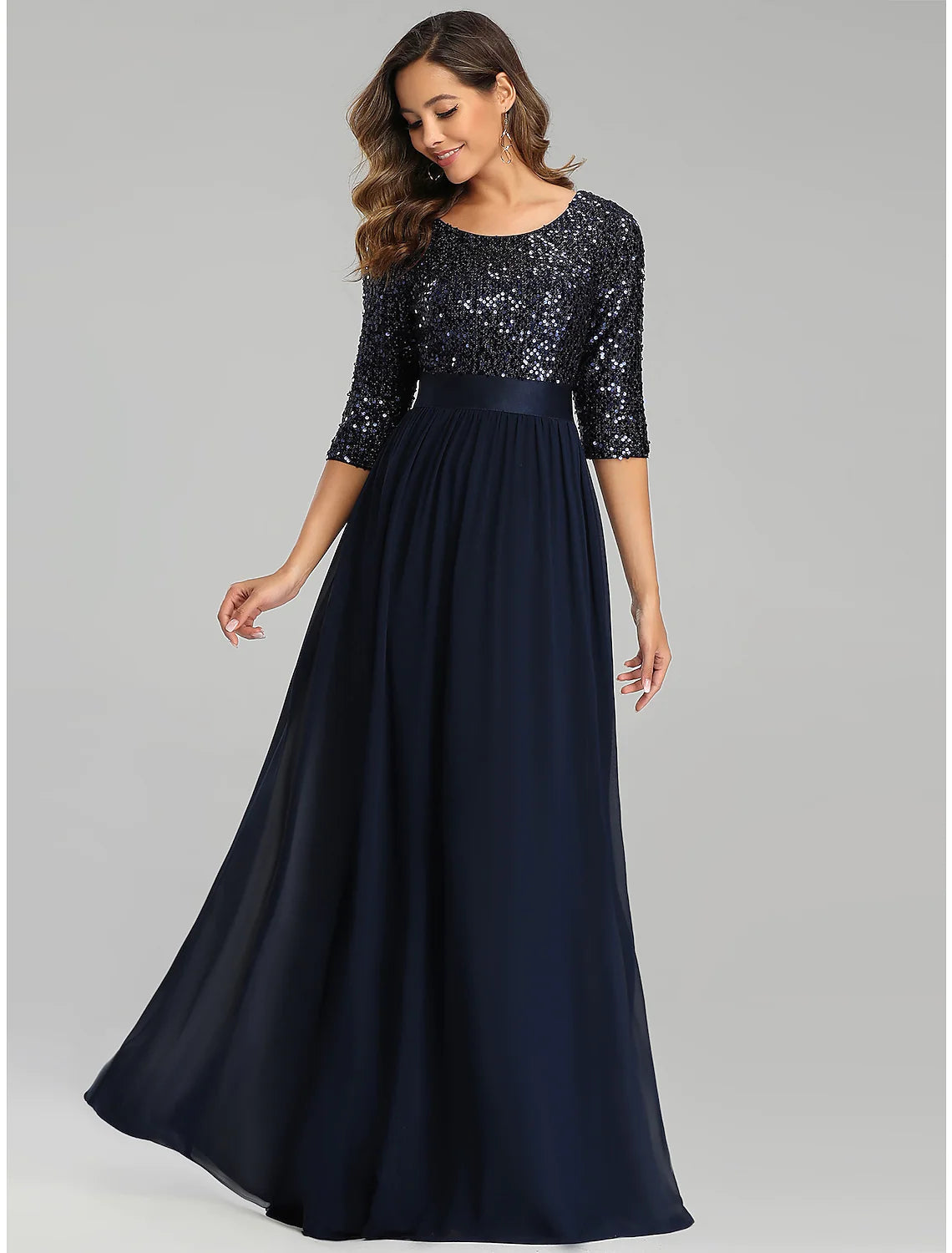 A-Line Elegant Wedding Guest Formal Evening Dress Jewel Neck 3/4 Length Sleeve Floor Length Tulle with Sequin