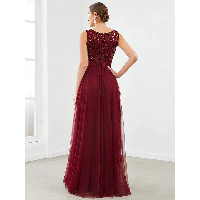 A-Line Bridesmaid Dress Jewel Neck Sleeveless Sparkle & Shine Floor Length Tulle with Tier