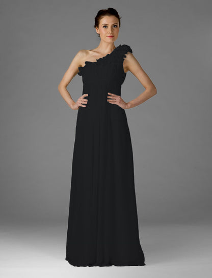 Black Bridesmaid Dress One Shoulder Sleeveless Elegant Floor Length Chiffon
