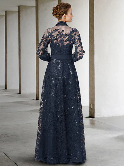 A-Line Mother of the Bride Dress Elegant Jewel Neck Floor Length Chiffon Lace Long Sleeve with Pleats Appliques