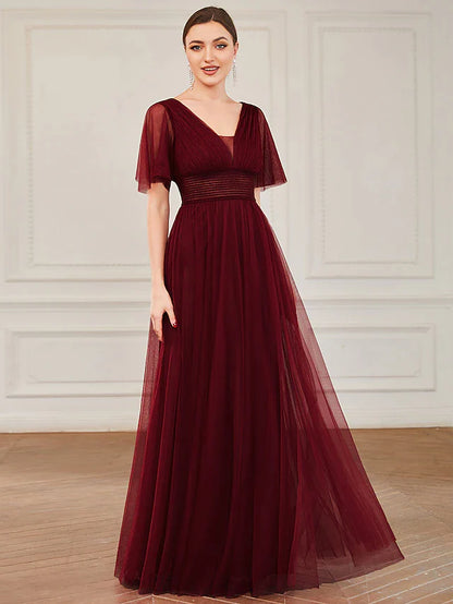 A-Line Bridesmaid Dress V Neck Short Sleeve Plus Size Floor Length Tulle with Ruffles / Draping / Tier