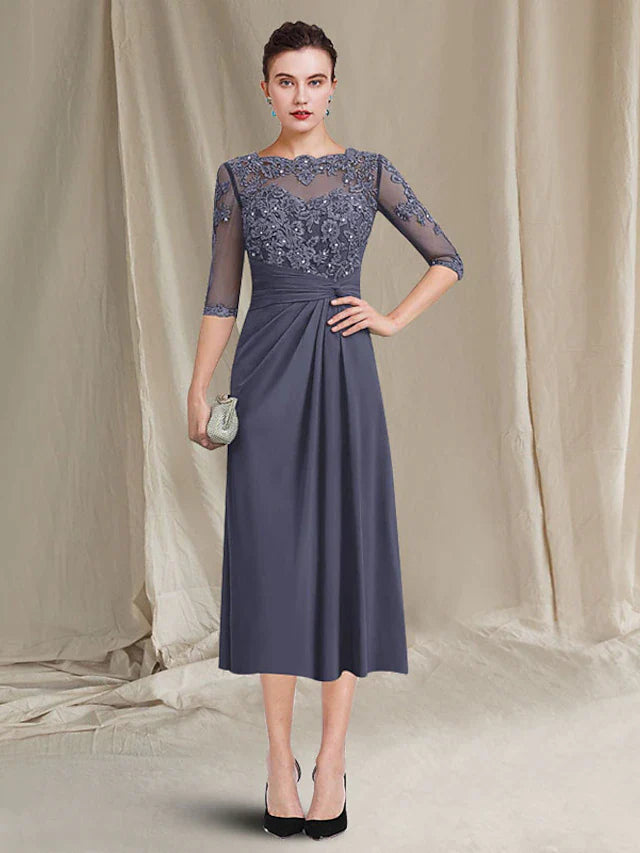 Two Piece A-Line Mother of the Bride Dress Plus Size Elegant Jewel Neck Tea Length Chiffon Lace Half Sleeve Jacket Dresses with Crystals Appliques