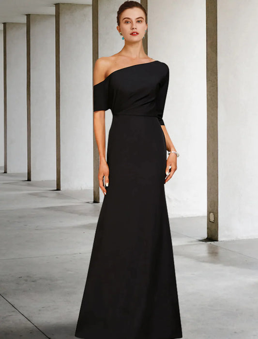 A-Line Mother of the Bride Dress Vintage Elegant One Shoulder Floor Length Charmeuse Length Sleeve Ruffles Side-Draped