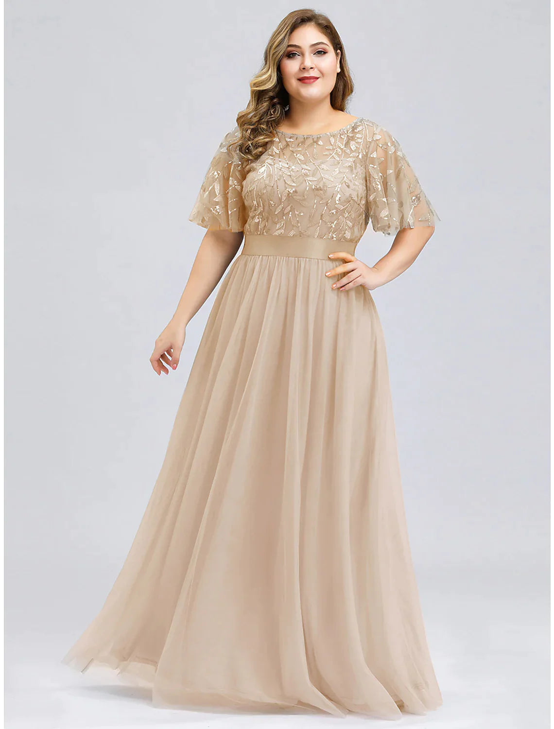A-Line Prom Dresses Dress Wedding Guest Floor Length Short Sleeve Tulle with Sequin Appliques