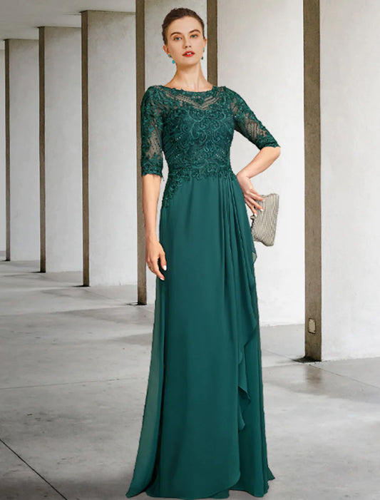 A-Line Mother of the Bride Dress Elegant Floor Length Chiffon Lace Half Sleeve Pleats Beading Appliques