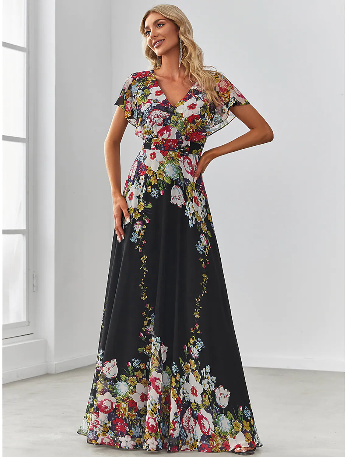 A-Line Evening Gown Elegant Dress Floor Length Short Sleeve V Neck Chiffon with Pattern
