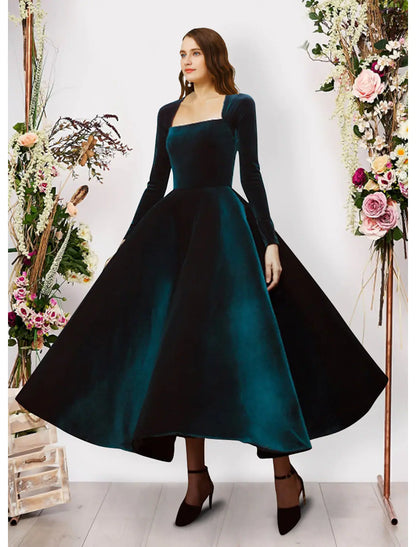 Ball Gown Evening Gown Vintage Dress Prom Ankle Length Long Sleeve Square Neck Velvet with Pure Color