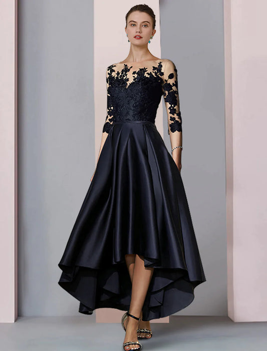 A-Line Mother of the Bride Dress Wedding Guest Elegant Scoop Neck Asymmetrical Lace Sleeve Pleats Appliques