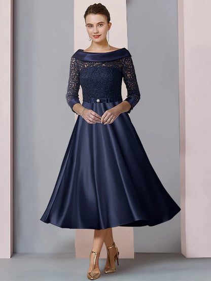 A-Line Mother of the Bride Dress Formal Wedding Guest Party Elegant Scoop Neck Tea Length Satin Lace 3/4 Length Sleeve with Bow(s) Pleats Appliques