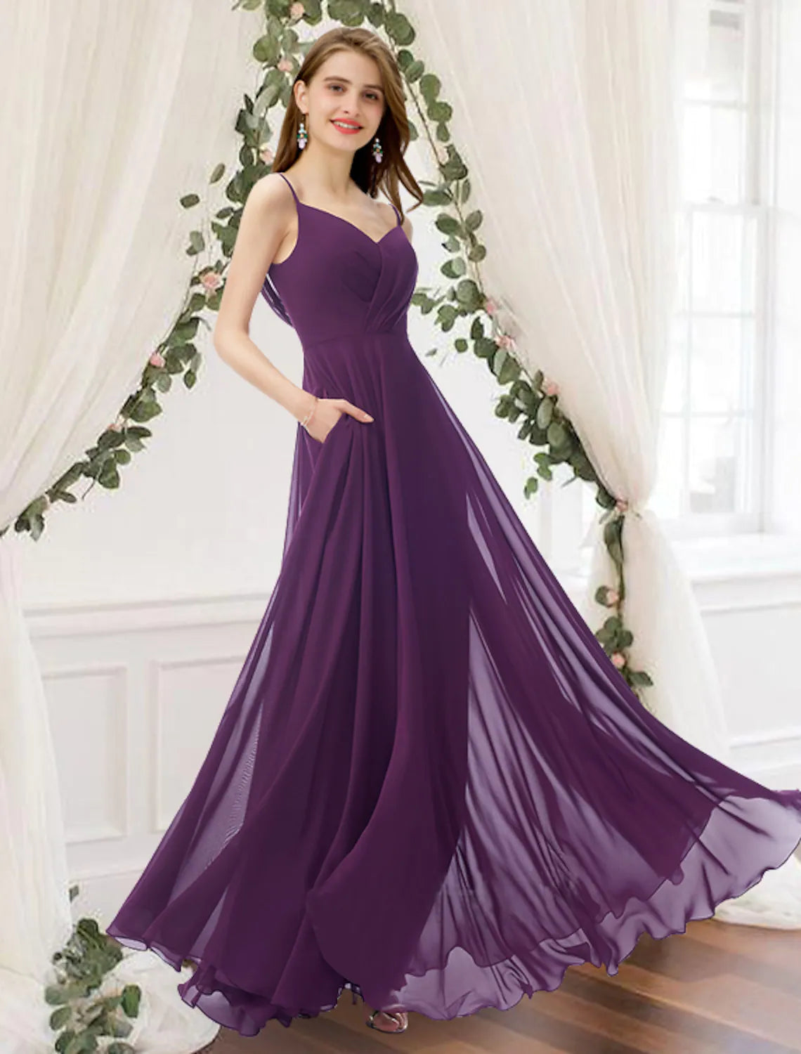 A-Line Bridesmaid Dress V Neck Sleeveless Elegant Floor Length Chiffon with Pleats
