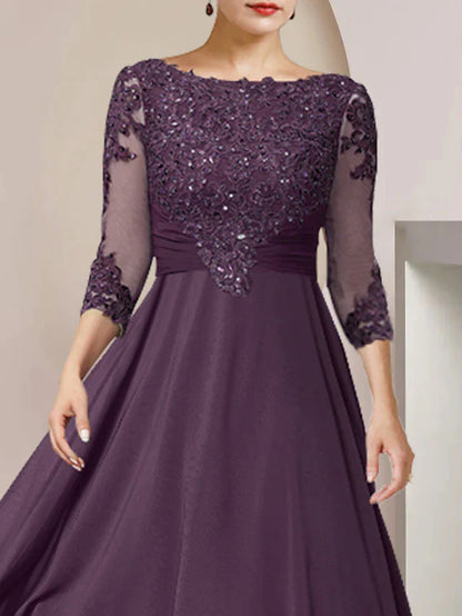 A-Line Mother of the Bride Dress Formal Wedding Guest Elegant High Low Scoop Neck Asymmetrical Tea Length Chiffon Lace 3/4 Length Sleeve with Sequin Tier Appliques