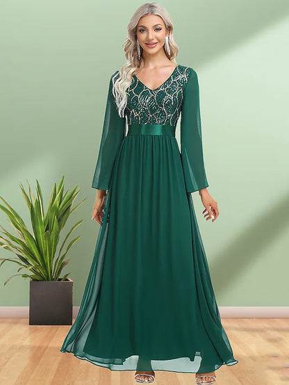A-Line Evening Gown Elegant Dress Party Wear Floor Length Long Sleeve V Neck Chiffon with Sequin