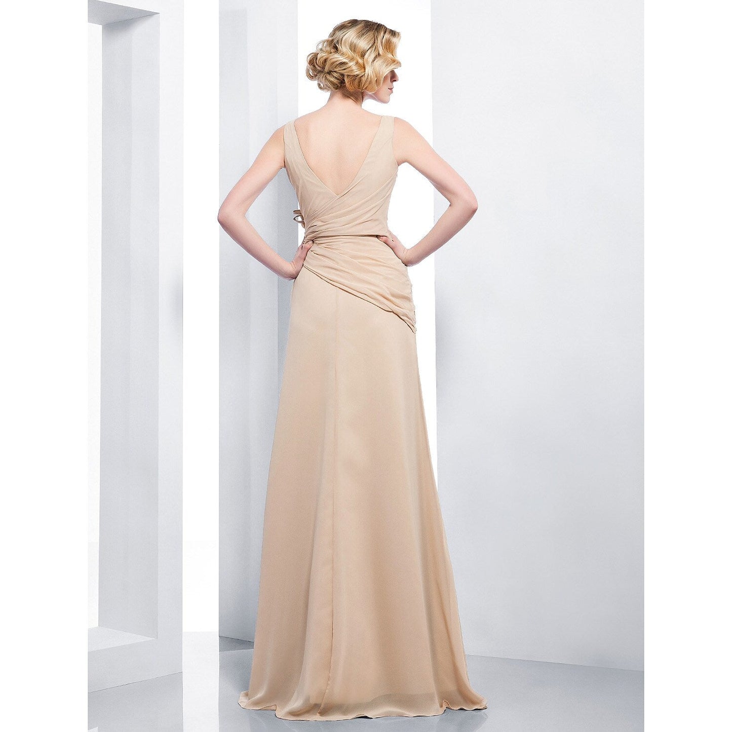 Elegant Dress Formal Evening Floor Length Sleeveless V Neck Chiffon Draping Side Flower
