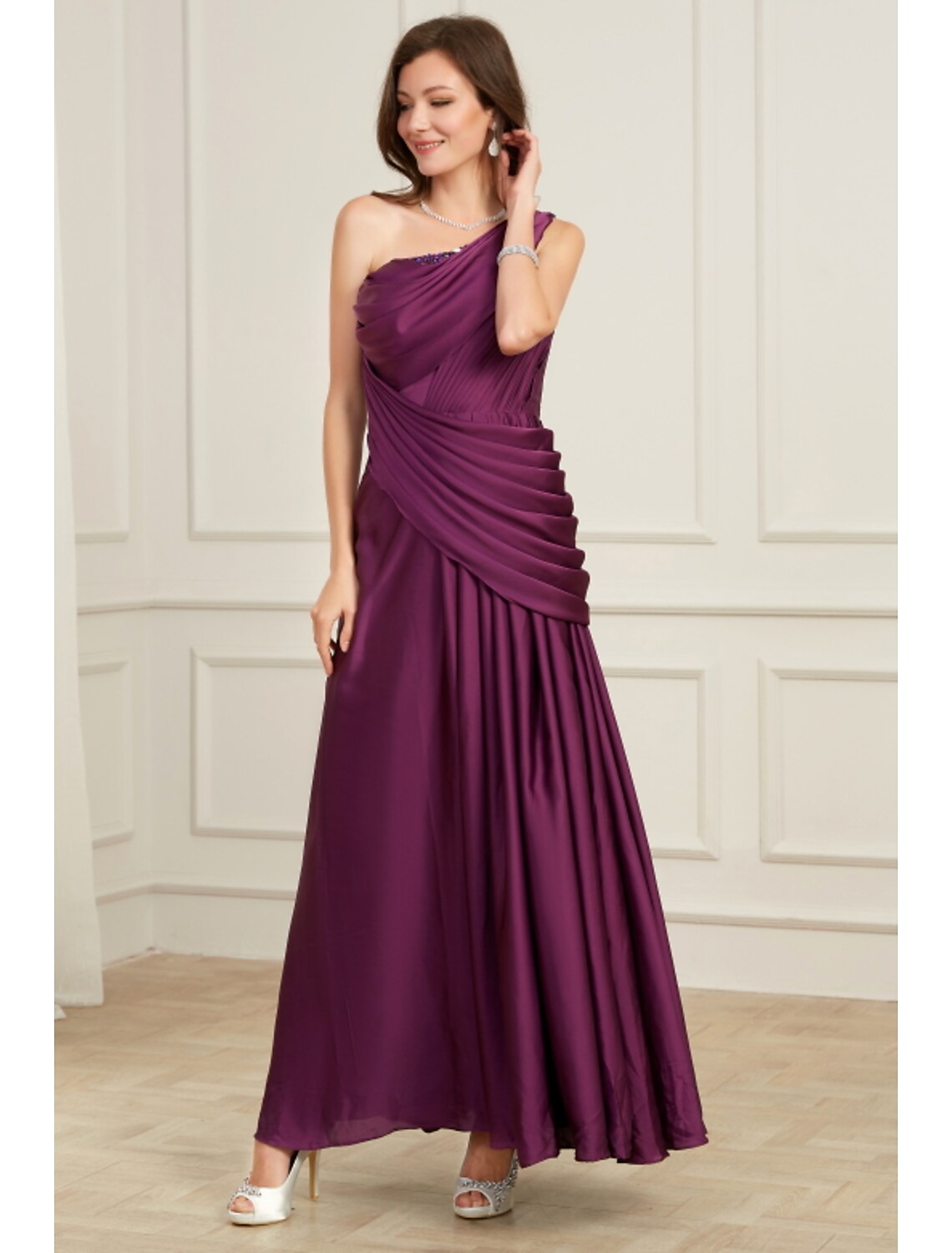 A-Line Evening Gown Elegant Dress Wedding Floor Length Sleeveless One Shoulder Polyester with Pleats Ruched