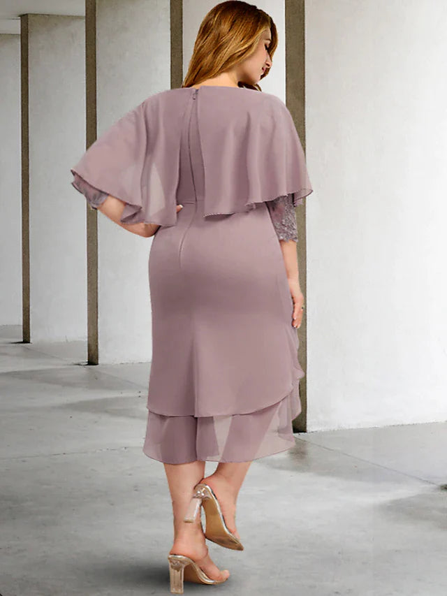 A-Line Plus Size Curve Mother of the Bride Dresses Elegant Dress Formal Asymmetrical 3/4 Length Sleeve Jewel Neck Chiffon with Sequin Ruffles Appliques