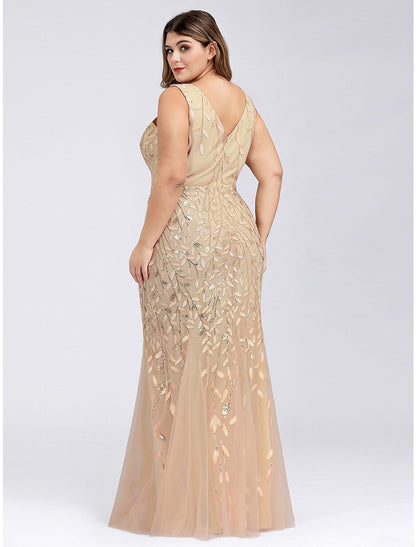 Evening Gown Plus Size Dress Wedding Guest Floor Length Sleeveless V Neck Lace V Back Appliques