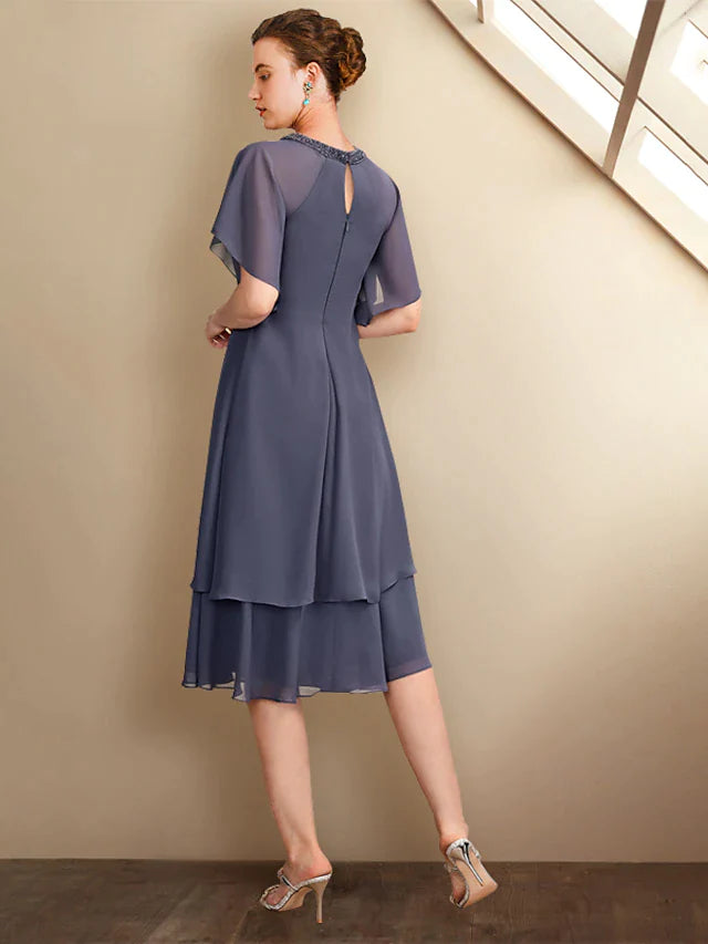 A-Line Mother of the Bride Dress Plus Size Elegant Jewel Neck Knee Length Chiffon Short Sleeve with Beading Ruffles