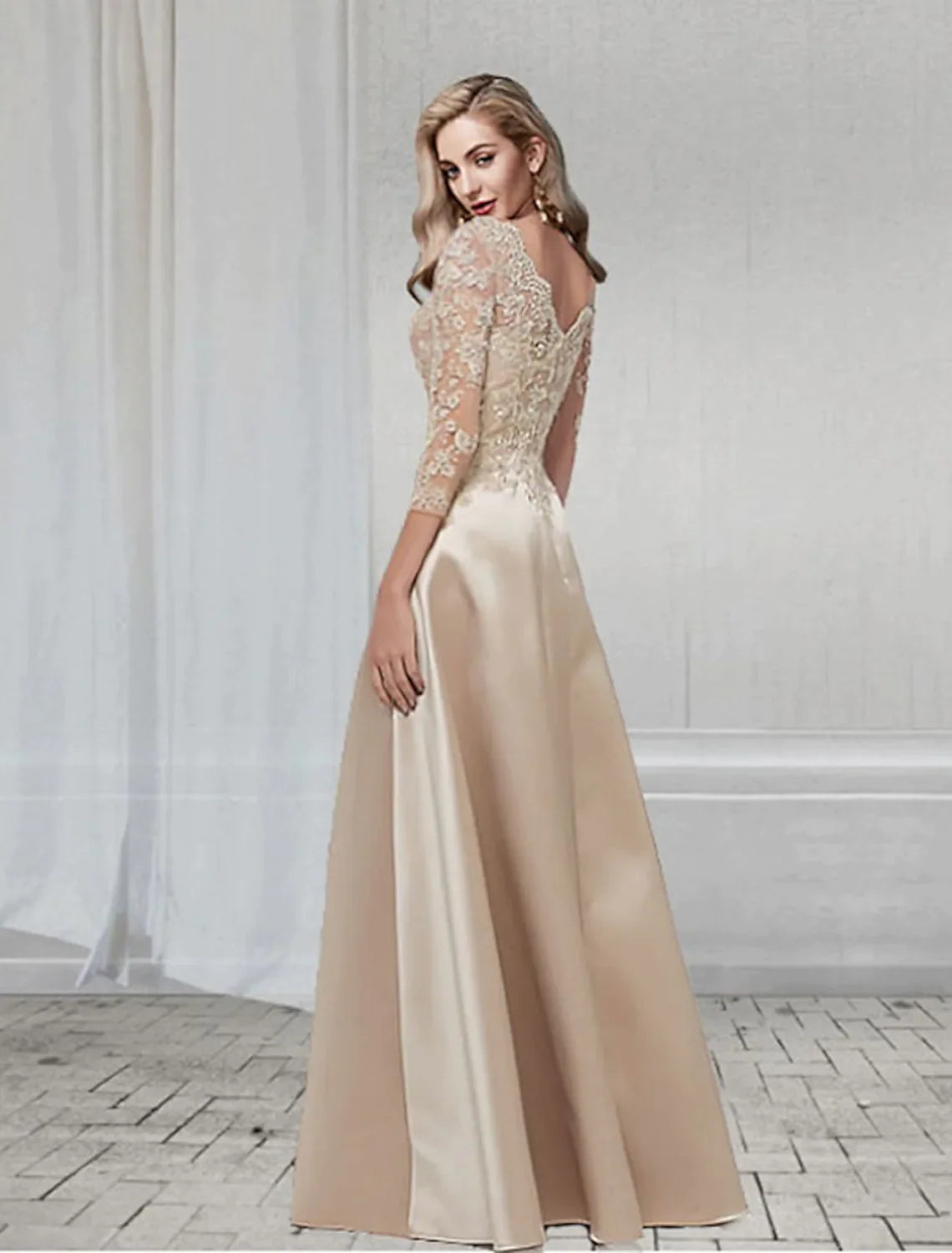 A-Line Elegant Wedding Guest Formal Evening Dress V Neck  Length Sleeve Floor Length Chiffon with Appliques