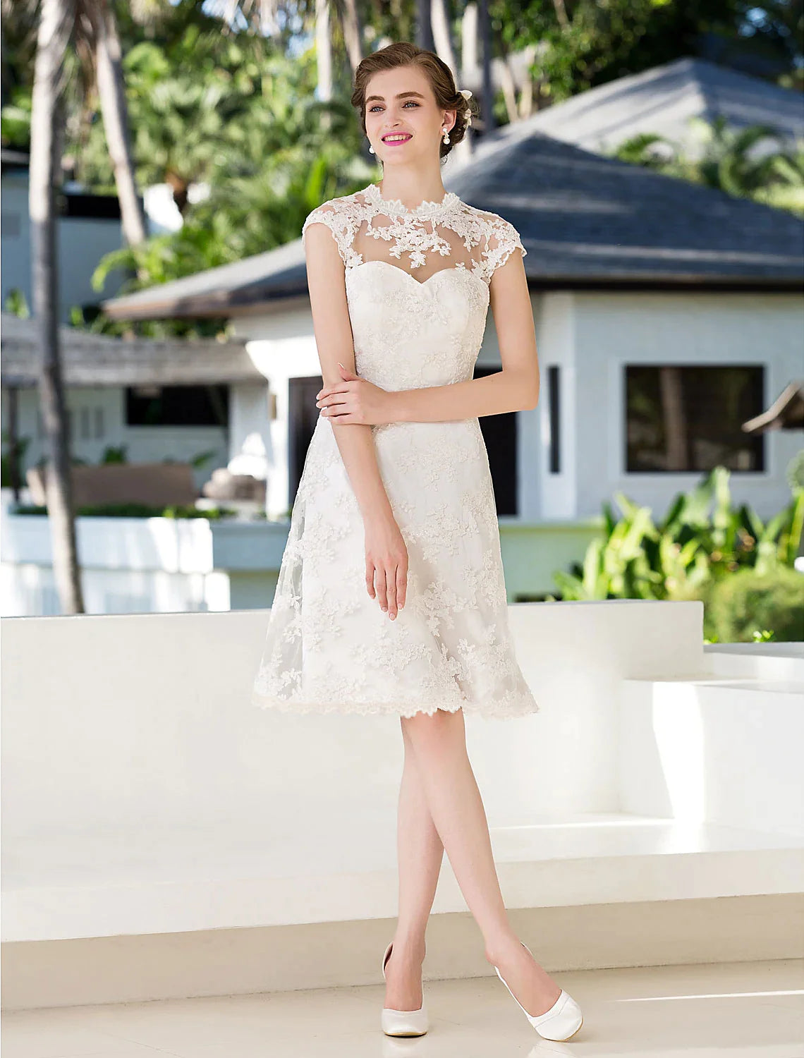 Open Back Little White Dresses Knee A-Line Floral Lace Appliques