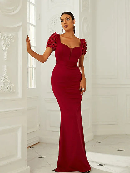 Evening Gown Dress Formal Floor Length Short Sleeve Square Neck Polyester
