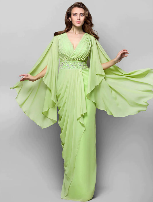 Elegant Dress Wedding Guest Floor Length Long Sleeve V Neck Chiffon V Back Crystals Side Draping