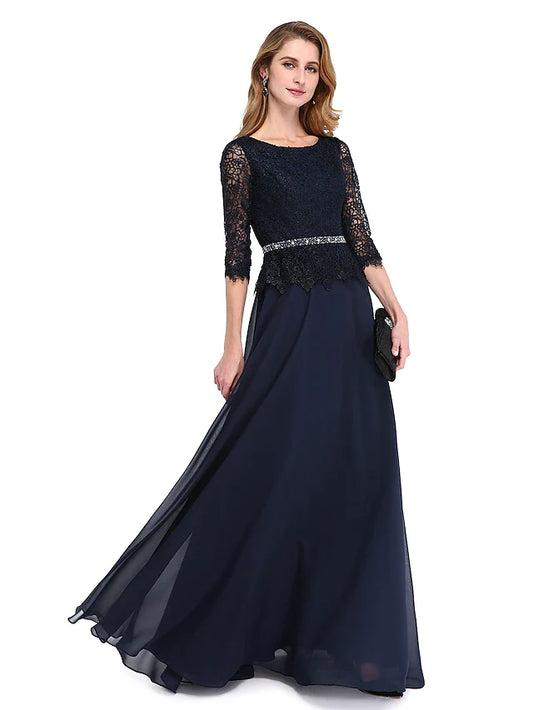 A-Line Mother of the Bride Dress Elegant Jewel Neck Floor Length Chiffon Lace Bodice 3/4 Length Sleeve with Sash / Ribbon Beading