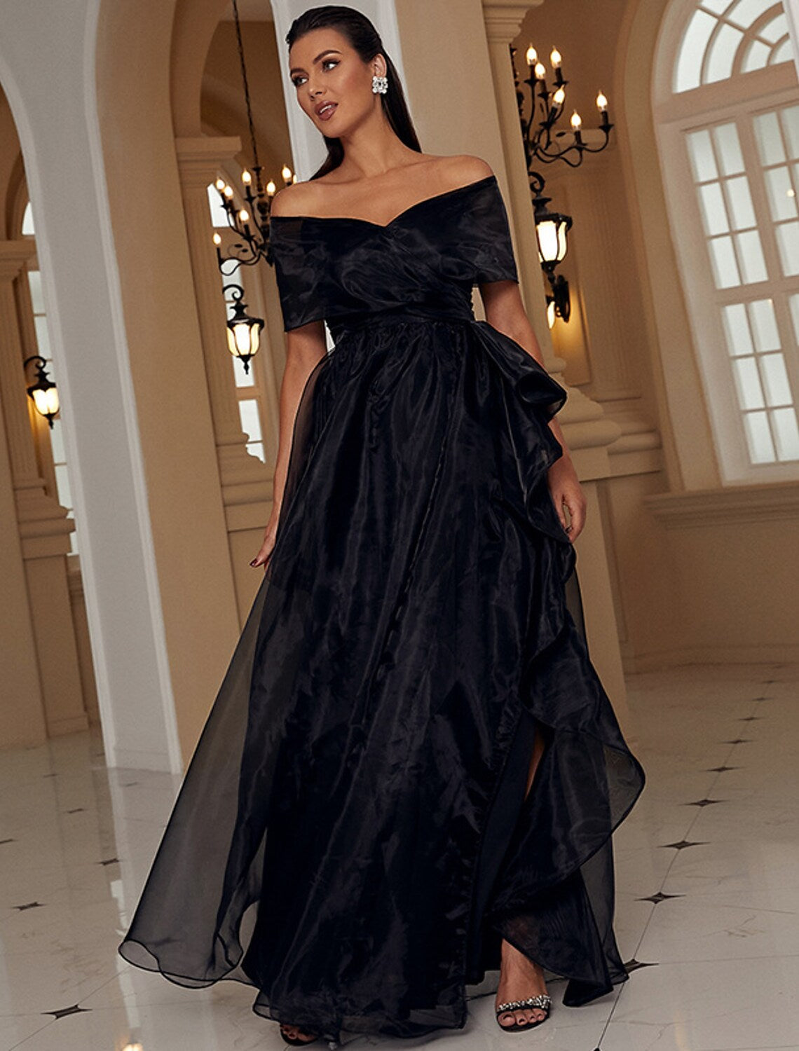 A-Line Black Evening Gown Sexy Dress Formal Floor Length Short Sleeve