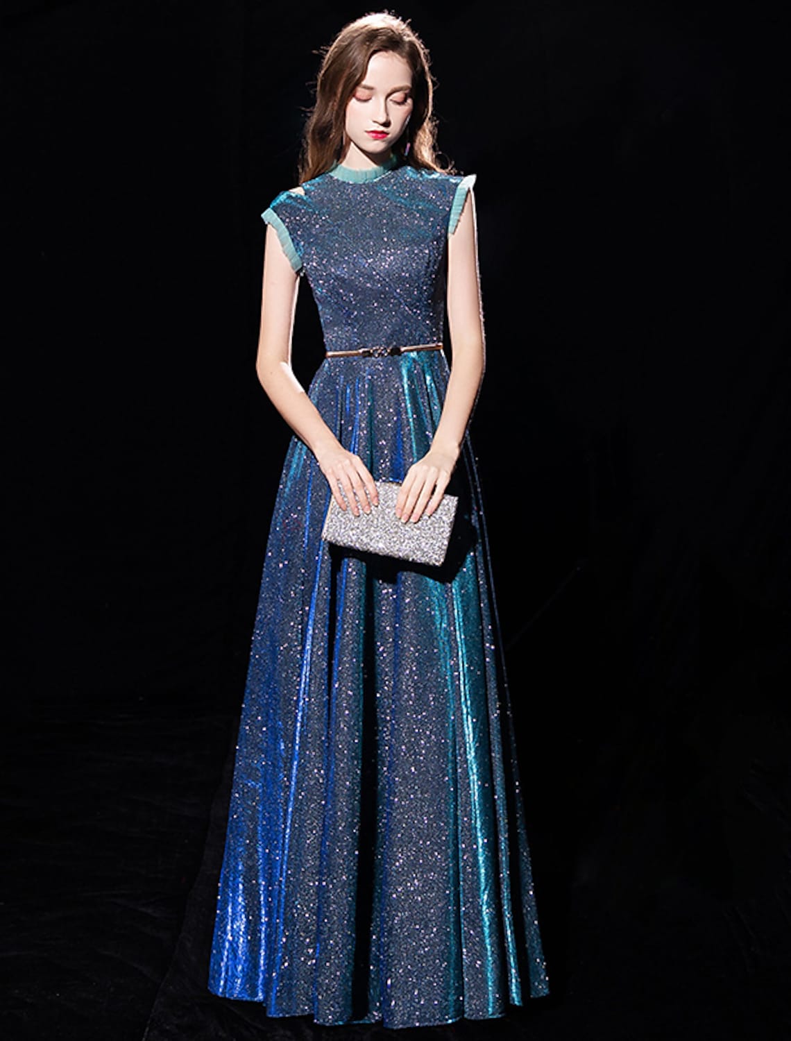 A-Line Elegant Shine Formal Evening Dress Sleeveless Floor Length Tulle with Sash Ribbon