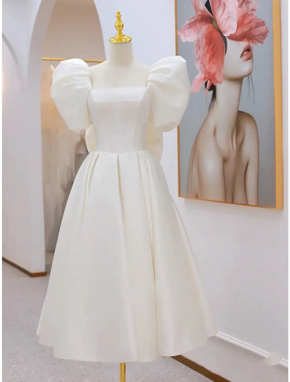 Bridal Little White Dresses Wedding Dresses Knee Length A-Line Short Sleeve Square Neck Satin