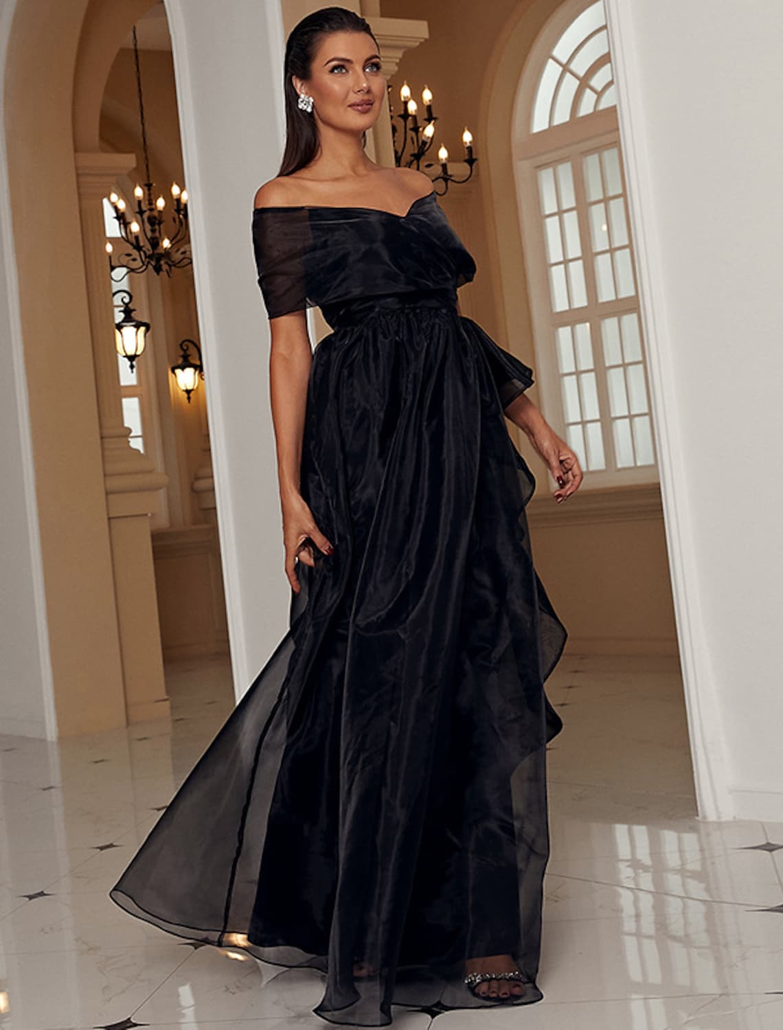 A-Line Black Evening Gown Sexy Dress Formal Floor Length Short Sleeve