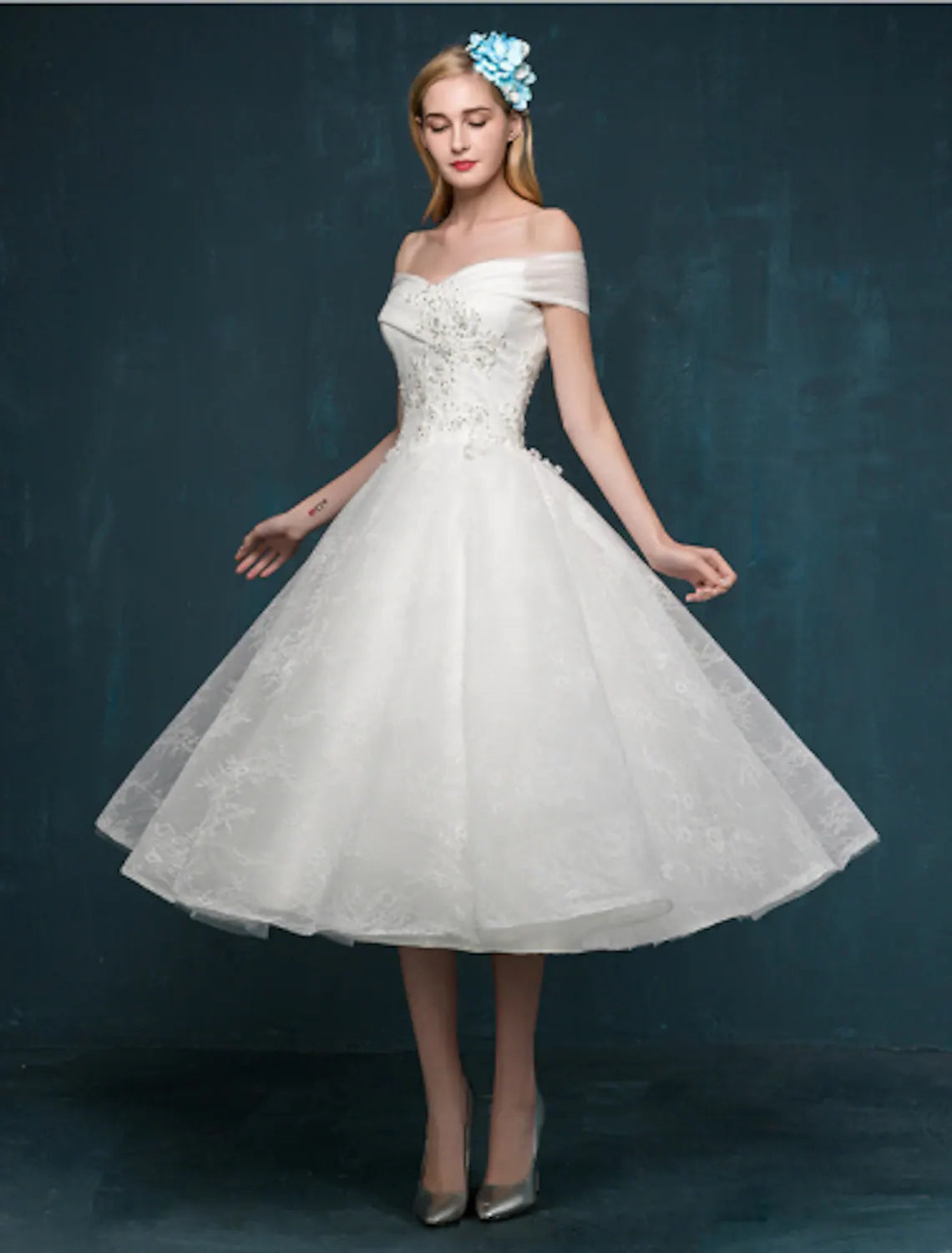 Little White Dresses A-Line Short Sleeve Off Shoulder Beaded Lace Sequin