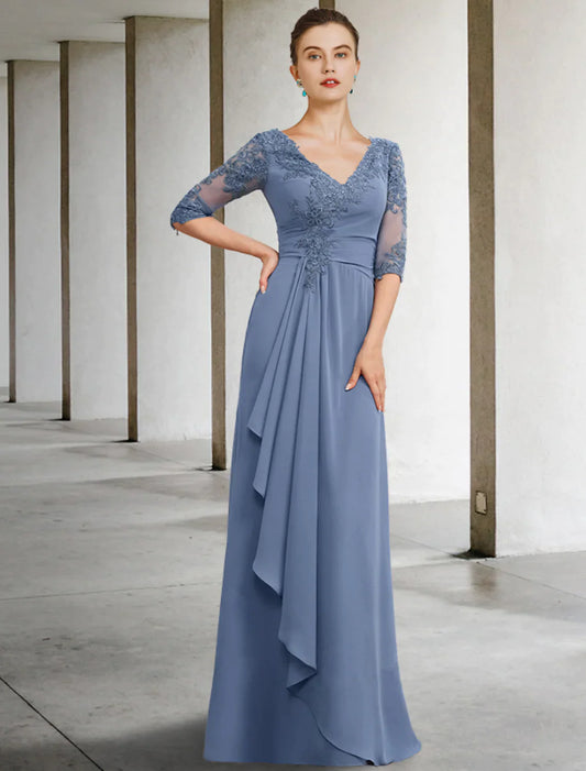 A-Line Mother of the Bride Dress Vintage Elegant V Neck Floor Length Chiffon Lace Half Sleeve Appliques Ruching