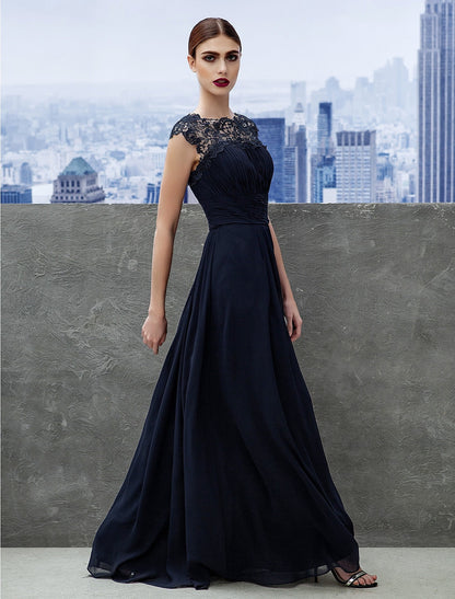 A-Line Evening Gown Dress Wedding Guest Floor Length Short Sleeve Boat Neck Chiffon with Ruched Lace