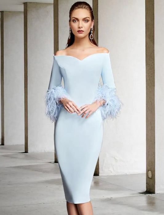 Mother of the Bride Dress Vintage Elegant Off Shoulder V Neck Knee Length Stretch Chiffon Length Sleeve with Feather