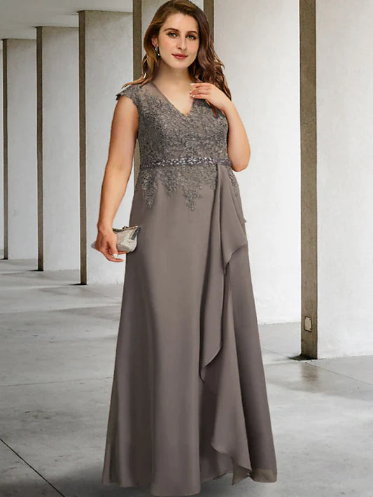 A-Line Plus Size Curve Mother of the Bride Dresses Elegant Dress Formal Floor Length Sleeveless V Neck Chiffon with Beading Appliques