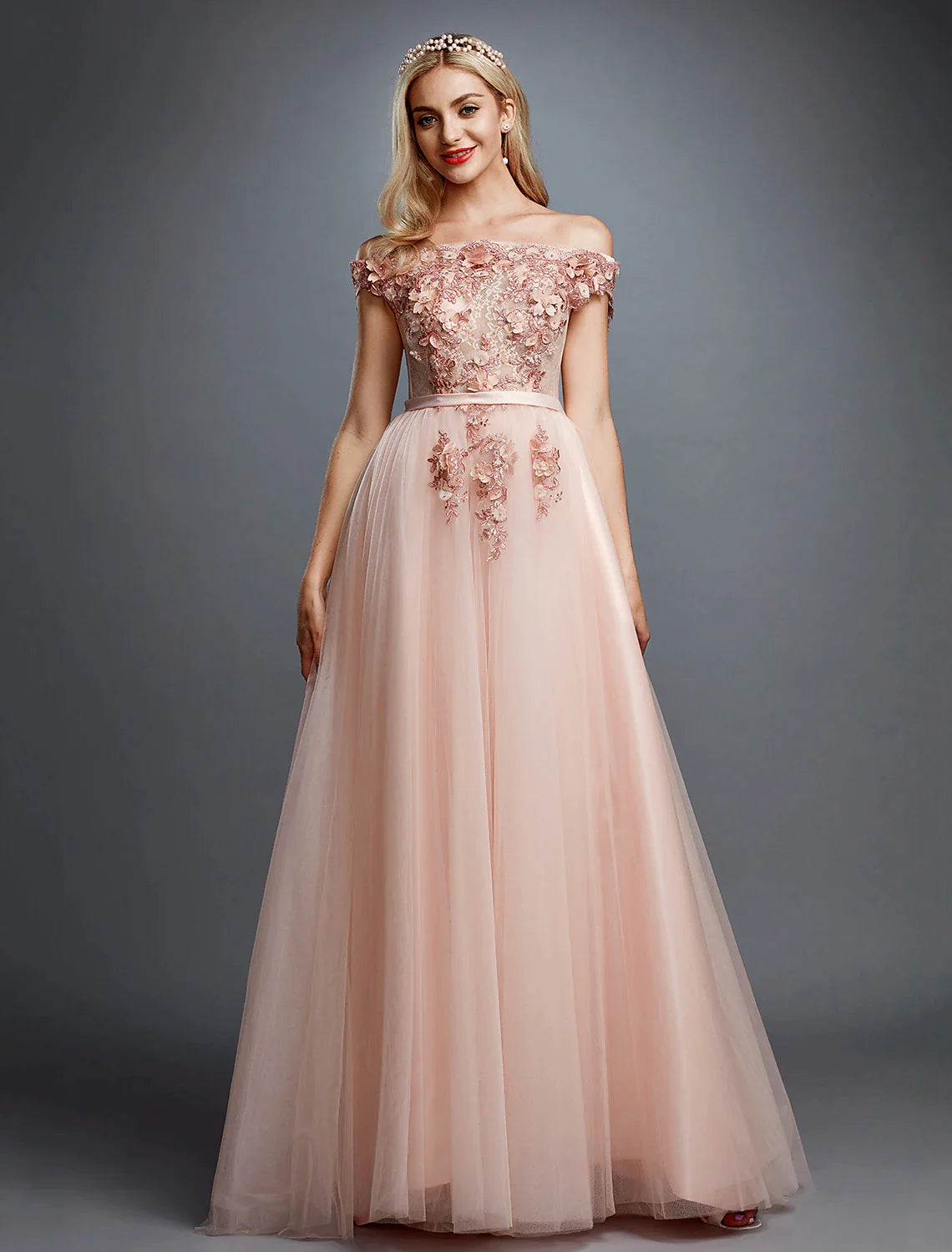 A-Line Floral Prom Dress Wedding Sleeveless Off Shoulder Tulle Over Lace with Appliques