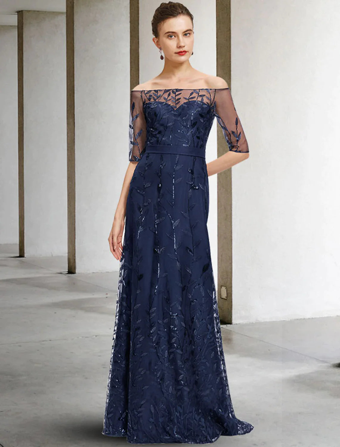 A-Line Mother of the Bride Dress Elegant Off Shoulder Floor Length Lace Tulle Half Sleeve with Sequin Appliques