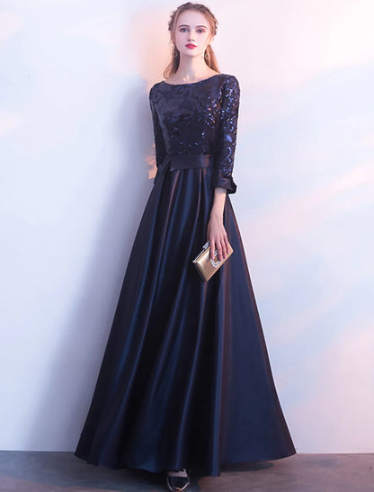 A-Line Glittering Elegant Prom Formal Evening Dress Satin with Sequin
