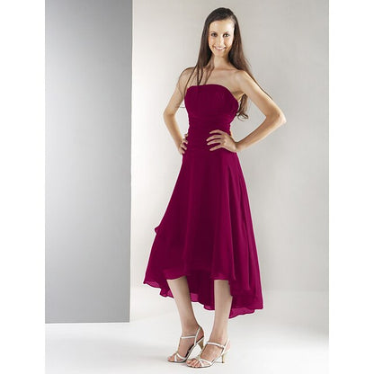 Ball Gown / A-Line Bridesmaid Dress Strapless Sleeveless Open Back Asymmetrical / Tea Length Chiffon with Ruched / Draping