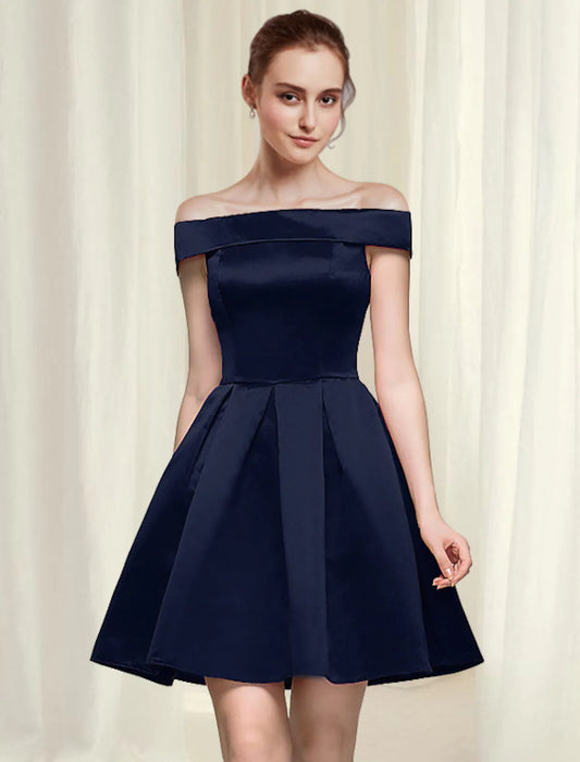 A-Line Cocktail Dresses Homecoming Short Mini Sleeveless Off Shoulder Satin with Sleek