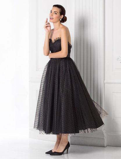 Ball Gown Little Black Dress Dress Holiday Tea Length Sleeveless Sweetheart Tulle with Sash / Ribbon