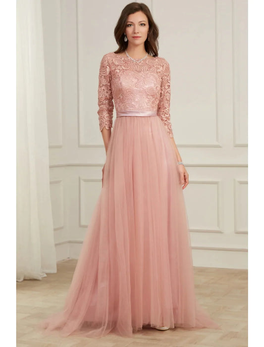 A-Line Evening Gown Spring Dress Party Long Sleeve Lace with Appliques