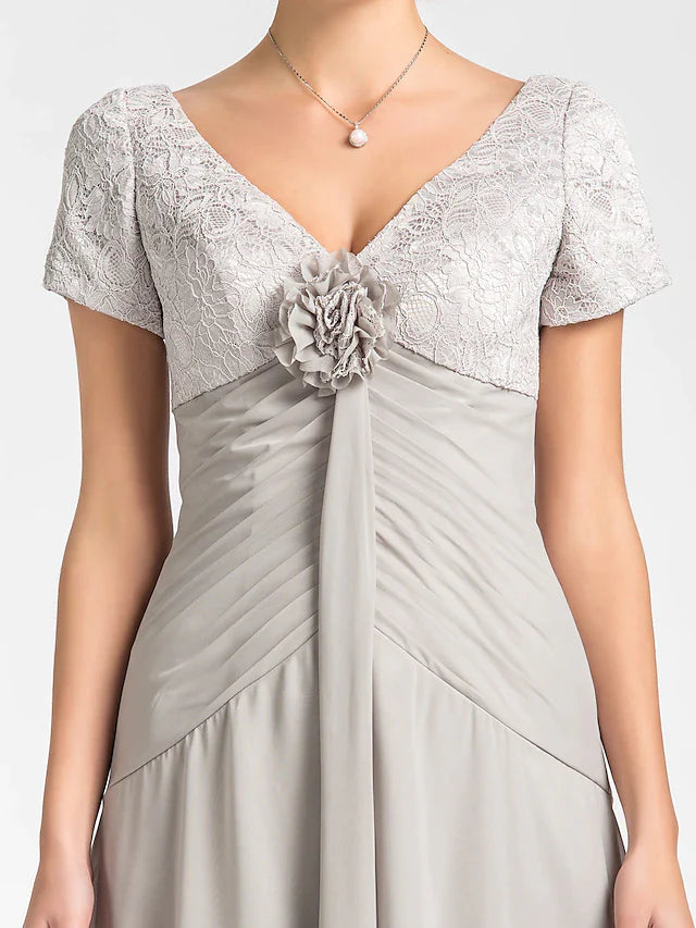 A-Line Mother of the Bride Dress Floral High Low V Neck Asymmetrical C