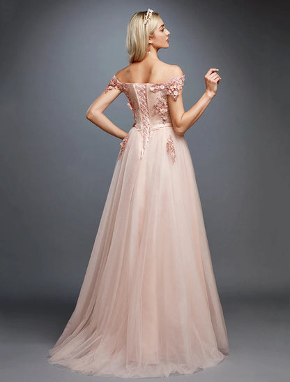 A-Line Floral Prom Dress Wedding Sleeveless Off Shoulder Tulle Over Lace with Appliques